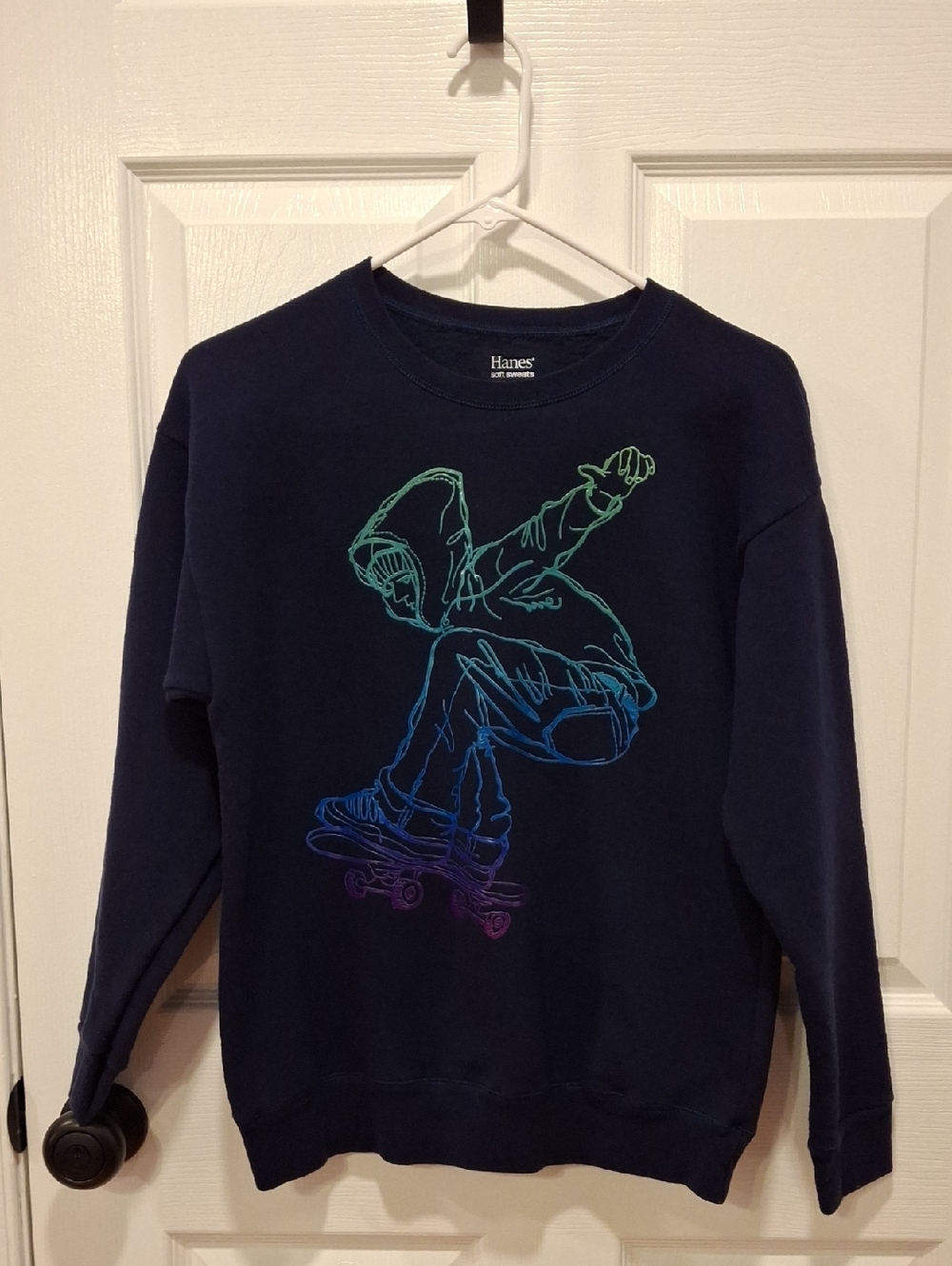 Hanes Boy's Navy  Sweatshirt with Multicolor Skate Graphic. Size XL ( Fits 12)